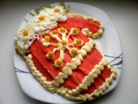 Новогодний салат Рукавичка Деда Мороза. Салат с крабовыми палочками